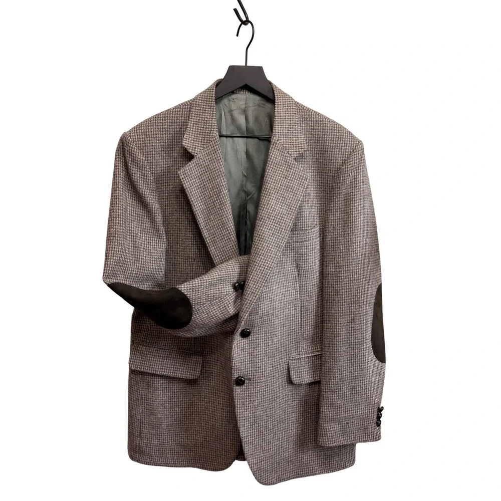 Woodmere Mens 42R 100% Wool Houndstooth Blazer Brown‎ Elbow Patches Sport Coat